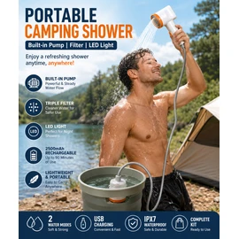 Portable Camping Shower for Outdoor Washing – Rechargeable Pump Kit with Filter, LED Light & Adjustable Water Flow