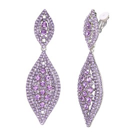 Flyonce Wedding Bridal Earrings for Women's Jewerly Rhinestone Crystal Charm 2 Leaf Drop Clip On Dangle Purple Silver-Tone
