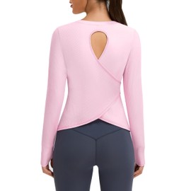 BMJL Women's Long Sleeve Workout Tops Open Back Gym Athletic Shirts Casual Yoga Running T-Shirts Fall Outfits 2025 (X-Large, Pink)