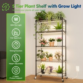 FREELICHT Plant Stand with Grow Light, 5 Tier Adjustable Plant Shelf with 4-Pack 30W LED Grow Lights, 2FT 5000K Full Spectrum Plant Light with Timer for Seedling, Seed Starting (29.5"x13.8"x61.5")