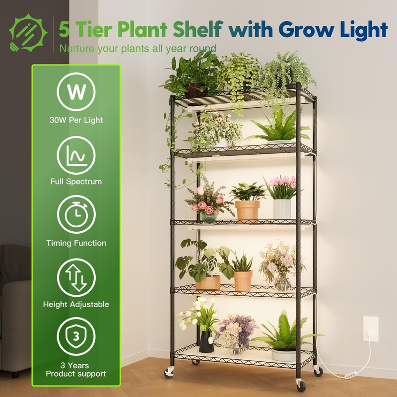 FREELICHT Plant Stand with Grow Light, 5 Tier Adjustable Plant