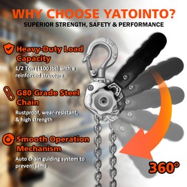 YATOINTO 1/2 Ton Small Chain Hoist 1100Lbs Capacity, Chain Come Along 20ft Lift, Lightweight Aluminum Alloy, High-Strength Steel Chain, Manual Lever Chain Hoist Safe & Durable for Heavy Duty Lifting