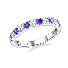 AGRULE Amethyst Anniversary Ring White Gold Plated Sterling Silver Bezel Set Wedding Band 2.5mm Width Stackable 5a Cubic Zirconia and Purple Stone Half Eternity Rings for Women, Size 8