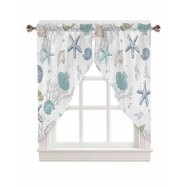 Epetloutys Summer Coastal Swag Curtain Valances for Windows, Teal Shell Starfish Nautical Beach Swag Kitchen Curtains for Living Room/Bedroom, Ocean Coral Tier Window Treatments 2 Panels, 28 x 36 Inch