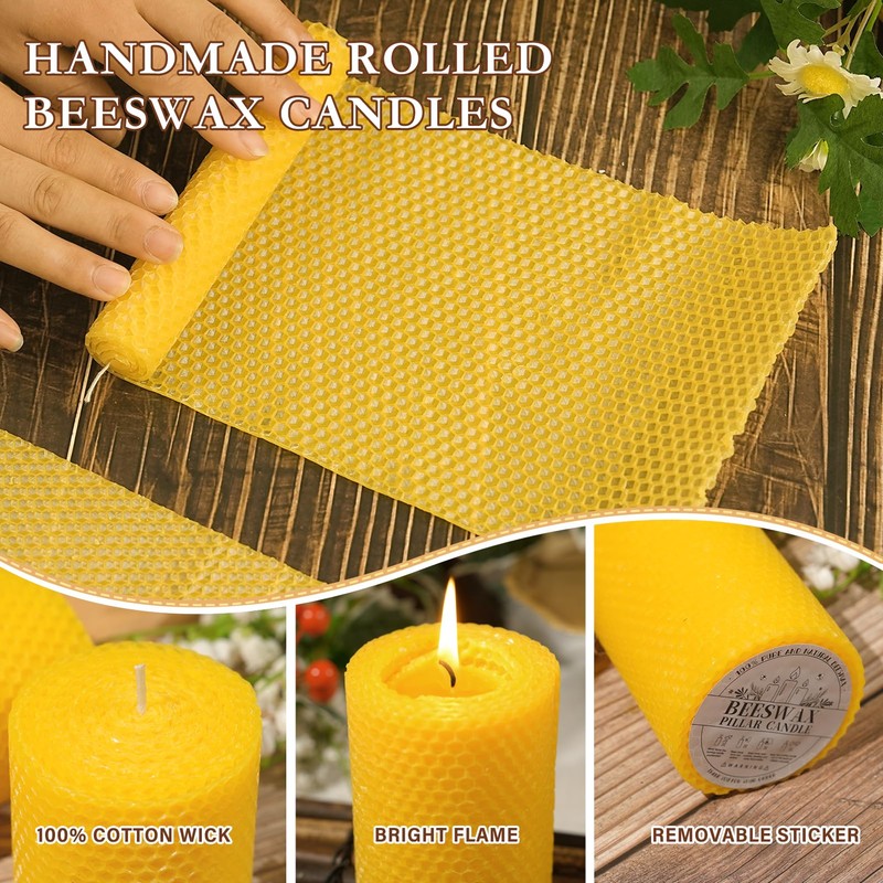 3 Pack Beeswax Pillar Candles Set,100 Hours All Natural Beeswax