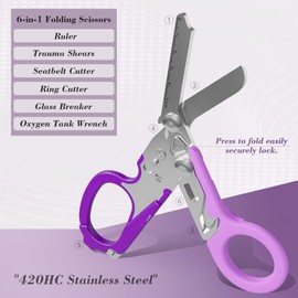Trauma Shears with Black Holster, 6-in-1 Versatile Trauma Shears Foldable, Stainless Steel Medical Shears for Outdoor Emergency Rescue, Ideal for EMTs, Nurses, and First Responders (Purple)