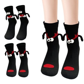 Magnetic Holding Hands Socks, 2 Pairs Christmas Socks Funny Couple, Novelty Crazy Socks for Kids Teens Friendship Men Women Valentine and Christmas Gift (Black 3D Deer)