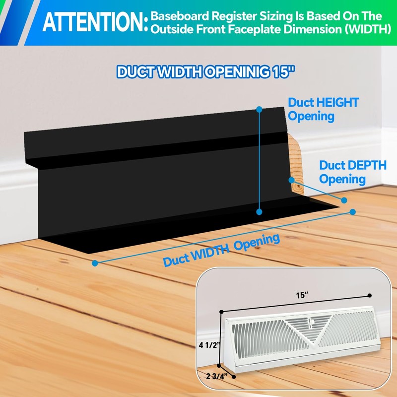 Flowild 15 Inch Baseboard Register (Duct Opening Size) - Baseboard