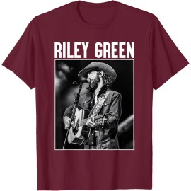 Riley Green Singing Greatest Hits Country Music Art Vintage Solid Cotton Short Sleeve T-ShirtColor: Men-burgundy, Size: 4 XL