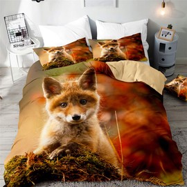 Morbuy Fox Print Duvet Cover Bedding Set 2-Piece 135 x 200 cm, 3D Animal Print Brown Bedding Set Girls Boys Children Deluxe Microfibre Soft Duvet Cover with Zip and Pillowcases