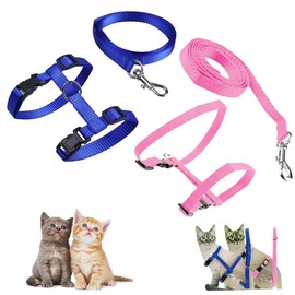 Pack of 2 Adjustable Nylon Harnesses, Cat Lead, Harness, Cat Lead, Kitten Collar, Soft Cat Harness with Lead for Kittens, Puppies, Rabbits (Blue and Pink)