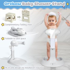 Orzbow Baby Shower Stand, Adjustable Height Baby Bath Stand with Foldable Chair, Collapsible Toddler Shower Standing Support for Infant 6-36 Months, Anti-Slip Base, Easy-Use, Gray