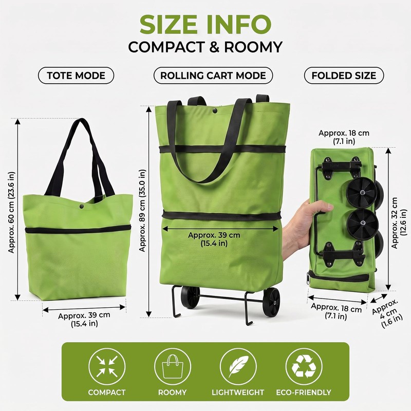 One 2-in-1 Foldable Shopping Bag with Wheels, Collapsible Trolley Cart