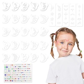 VEGCOO 30 Pieces Makeup Stencils Kids Tattoo Stencils for Kids + 162 Colorful Rhinestones Face Decoration Stencils for Makeup Face Reusable for