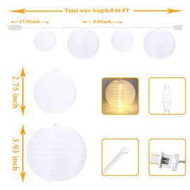 Vigdur White Lantern String Lights - Large and Small Hanging Nylon Lantern Lights Plug in for Indoor Bedroom Party Outdoor Patio Backyard Use,9.84FT