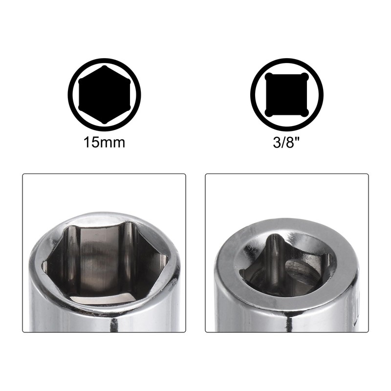 Sourcingmap 3/8-Inch Drive 15mm 6-Point Shallow Socket, Metric, Cr-V