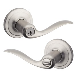 Kwikset Tustin Entry Door Handle with Lock and Key, Secure Keyed Reversible Lever Exterior, For Front Entrance and Bedrooms, Satin Nickel, Pick Resistant Smartkey Rekey Security and Microban