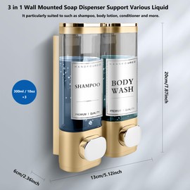 MEKOTRIN Shampoo and Conditioner Dispenser, Shower Soap Dispenser Wall Mounted 2 Chamber 300ml, Refillable Hand Soap Dispensers, Body Wash Dispenser for Bathroom Kitchen Hotel (Gold)