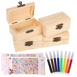 Trendecor 4 Pieces Mini Treasure Chest, DIY Treasure Chest Children's Birthday DIY Small Wooden Box with Lid with 2 Pieces Stickers and 8 Pieces Graffiti Pen for Children Craft Set Birthday