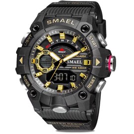 SMAEL Men's Digital Sports Watch Military Outdoor Waterproof Chronograph Watches Big Wrist with Alarm Date Multifunction LED Stopwatch, Black Gold,