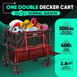 400L Large Capacity Folding Double Decker Wagon with Brakes, 50" Extra Long Extender Cart, 500lbs Heavy Duty Collapsible Wagons, All-Terrain Big Wheels for Camping, Sports, Shopping. Red&Black