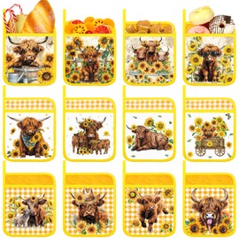 Pickmesh 12 Pcs Highland Cow Pot Holders Non Slip Heat Resistant Hot Pot Holder Sunflower Cotton Potholders with Pocket Cow Sunflower Oven Mitts Gloves for Cooking Baking, 9 x 7 Inch