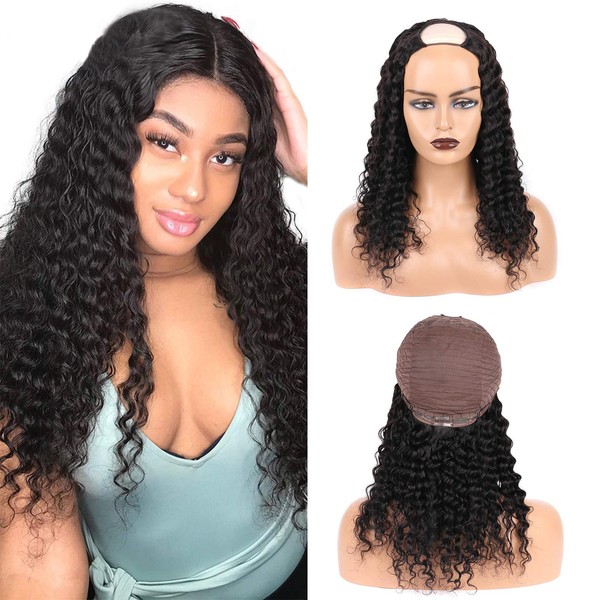 Daimer U Part Wig Brazilian Deep Curly Human Hair Extension Clip In Half Wigs None Lace Front Machine Made 100% Virgin Hair Natural and Soft for Black Women 12 Inch Natural Colour