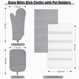 Oven Mitt and Pot Holders Sets, Quilted Cotton Terry Cloth,Non-Slip Pot Holder, Silicone Oven Mitt Heat Resistant, Oven Mittens 7.3"x14.2", Hot Pad 7"x10" & Dish Cloths 13"x25"