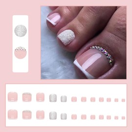 French False Toenails Tips, Full Cover Short Fake Toe Nails, French Artificial Acrylic Toe Nails with Nail Glue, Stick on Toenails for Women Girls Nail Art Decorations (24Pcs Nude Pink Glitter French)