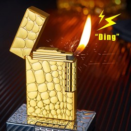 Soft Flame Metal Traditional Cigar Butane Lighter With Adjustable Flame Dial, Vertical Ignition Roller Flint Wheel, Classic Drawing (Silvery)