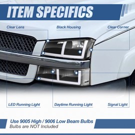 Auto Dynasty LED DRL Headlights Assembly Compatible with 2003-2007 Chevy Avalanche Silverado 1500 2500 3500, 4Pcs Headlamps w/LED Signal Lamps, F-LED Switchback DRL, Black Housing Clear Corner