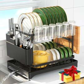 QECOUI 2 Tier Dish Drying Rack for Kitchen Counter, Dish Drainers for Kitchen Counter with Drainboard, Metal Kitchen Dish Rack with Drain, Kitchen Drying Rack Two Tier, Black Dish racks (Black)