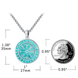 Eusense Rune Viking Necklace for Men Women Sterling Silver 925 Amulet Protection Pendant Viking Jewelry Mens Lucky Amulet Necklaces Coin Nordic Norse Necklace Turquoise Talisman