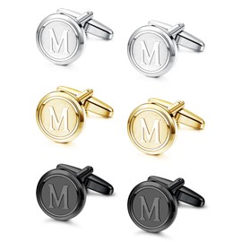 LOLIAS 3 Pairs Initial Cufflinks For Men Classic Mens CuffLinks Set Letter Cuff Links for Casual to Formal with Gift Box Silver Black Gold Cufflinks for Father Husband,M