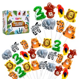 Wildlife-Shaped Lollipops 24 Pack, 8 Shapes + 8 Flavors Safari Animal-Themed Candy Suckers For Zoo Birthday, Jungle Theme Sweet Treats Individually Wrapped Bulk, Wildlife Conservation Candy