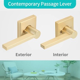 EHOMEWARE 3 Pack Passage Door Handles, Satin Brass Door Knobs Interior, Hallway Closet Door Levers Keyless Gold Door Handle, Heavy Duty Suqare Door Handle Set for Left or Right Handed Doors