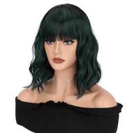 VCKOVCKO Wavy Wig With Bangs Women's Short Bob North star green Mix Black Wigs Curly Wavy Shoulder Length Wigs Synthetic Wig for White Women Daily Use Colorful Wigs(12", North star green Mix Black)
