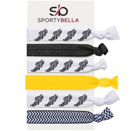 Track & Field Hair Ties Set – 6pc No-Crease Elastic Ponytail Holders with Winged Foot Designs, Chevron, Yellow and Black Glitter Bands, Accessories for Runners, Teams or Athlete Gifts