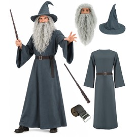 EDAUWAE Wizard Costume with Wigs Beards Pagan Tunic Costume Wizard Cloak Cosplay Grey Robe Hat Full Set Outfits for Adult XS