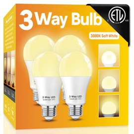 Gonhom ETL Listed 3 Way LED Light Bulbs 4 Pack,Soft White 3000K 30 70 100 Watt Equivalent, A19 Three Way Light Bulbs,E26 Base 3 Way Bulb for Reading,Bedroom Room