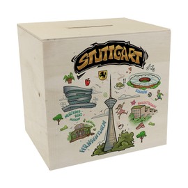 Stuttgart Pop Art Comic Wooden Money Box for Art Lovers - Funny Piggy Bank as Decoration for Swabia and Stuttgart Lovers