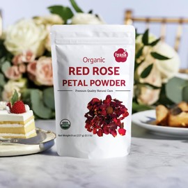 Certified Organic Red Rose Petals Powder, Rosa Centifolia, Food Grade for Baking, Cooking, Tea, Latte Summer Drinks, DIY Skin and Hair Care Products 8 oz 226 gm