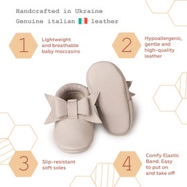 Littlebeemocs Zapatos de bebé niña mocasines con lazo (cuero italiano) suela suave para niñas | cuna, bebés, bebés, recién nacidos, caminando, gris, 6.5 Infant