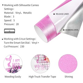 GIRAFVINYL Pink Glitter Permanent Viny,Pink Glitter Vinyl Adhesive Vinyl Roll - 12" x 6FT - Shimmer Permanent Pink Vinyl for Craft Cutter,DIY Cup,Home and Car Decor