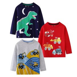BIBNice T-Shirts for Toddler Boy Long Sleeve Fall Tee Kids Autumn Cotton Top 3-Pack Dinosaur Firetruck Size 3T