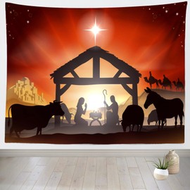 CORFOTO 81x59 Inch Fabric Christmas Birth of Jesus Tapestry Manger Nativity Scene Silhouette Wall Hanging Christian Tapestry for Wall Decor Bedroom Aesthetic Living Room College Dorm Decor Wallpaper
