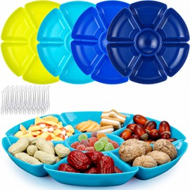 Zhehao 4 Pcs Sectional Round Plastic Serving Tray Party Divided Tray with Disposable Fork, 10.6 Inch 7 Section Snack Food Platter Nut Candy Veggie Fruit Dish Platter(Vivid Color)