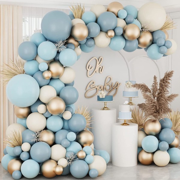 LYSAIMG Blue Gold Balloons Garland Arch,134 Pieces Sand White Metallic