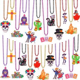 Ecally 36 Pcs Day of the Dead Bead Necklace Dia De Los Muertos Necklace Sugar Skull Dancing Ghost Skeleton Couple Skeleton Cat Necklaces Bead for Day of the Dead Themed Party Favors Supplies