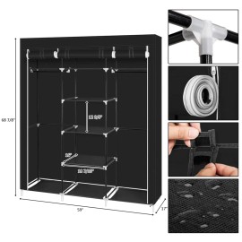 Portable Double Rod Storage Organizer 69\" Non-Woven Fabric Closet Wardrobe in Black by Blackcolor: as pic